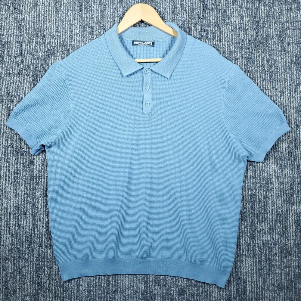 PJ Paul Jones Polo Shirt Mens XXL Blue Knit Short Sleeve Retro Textured Viscose